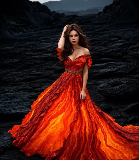 A woman standing in a dark, rocky landscape wearing a flowing, glowing dress that looks like molten lava. The dress has fiery red and orange hues, with patterns resembling liquid magma. Her hair is slightly windswept, and she has a confident expression. Th...