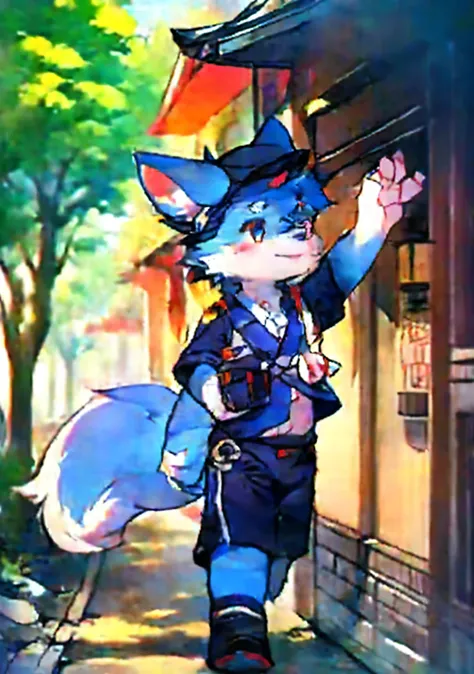 Blue fur, Canine, fox motif, boy, uniform, School Street、Japan、Tokyo、high resolution，