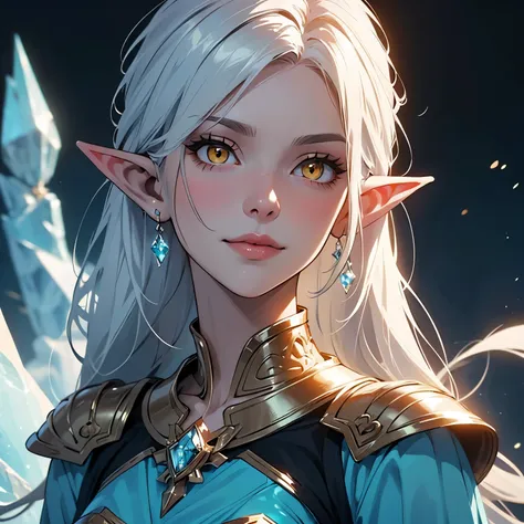 portrait,(half body portrait of an ice elf:1.2), medium length elf ears, pointy ears,ice around, frosty theme,( shiny yellow eye...