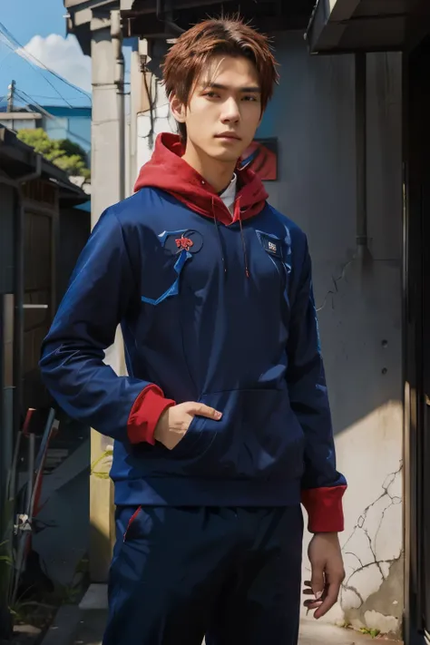 anime character with blue and red hoodie in front of a building, arte oficial, arte principal do anime, jovem anime homem, personagem de anime masculino, como personagem de anime, makoto kano, cara de anime alto com olhos azuis, no filme de anime, principa...