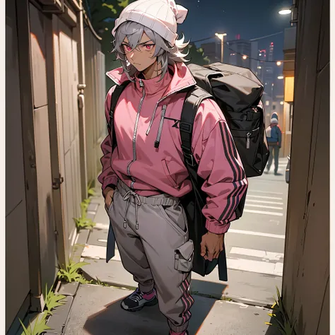 1male, young adult, tan skin, finely detailed pink eyes, wild medium hair, grey hair, long sleeve compression shirt, tracksuit jacket, loose baggy pants, muscular, beanie, hiking bag, standing In alley, night time, serious expression, ruined city