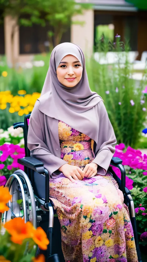 a beautiful 35 year old woman wearing a hijab, with a long skirt dress, is sitting in a wheelchair, the background is in a flower garden, professional bokeh photography Realistic photography, front view, super detailed, 8k