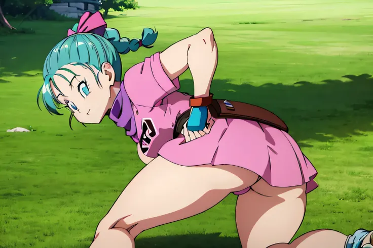 masterpiece, best quality, high resolution, dragon ball, blmpony, aqua hair, hair ribbon, braided ponytail, pink shirt, belt, scarf, pink skirt, clothes writing, brown gloves, medium breasts, in back pose, back wards looking camera, smile, show her booty, ...