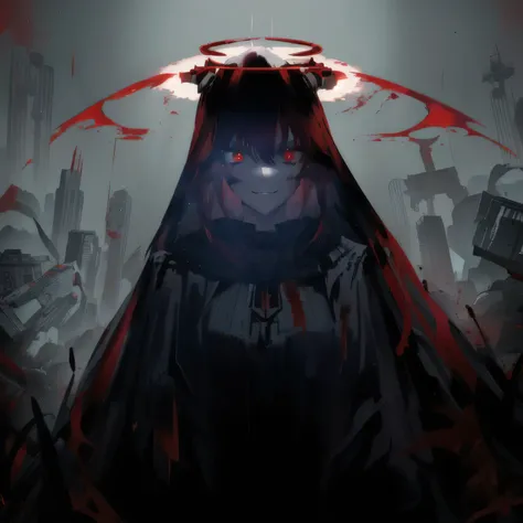 arafed image of a woman with a red cape and a halo, with red glowing eyes, with glowing red eyes, blood dripping from eyes, gapm...