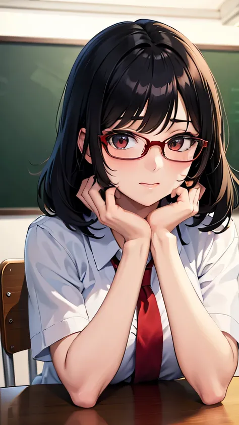 a beautiful anime girl with short Black hair, detailed face, detailed, extremely detailed, wearing pretty glasses, red cheeks, high school girl, high , looking at viewer, in a classroom,