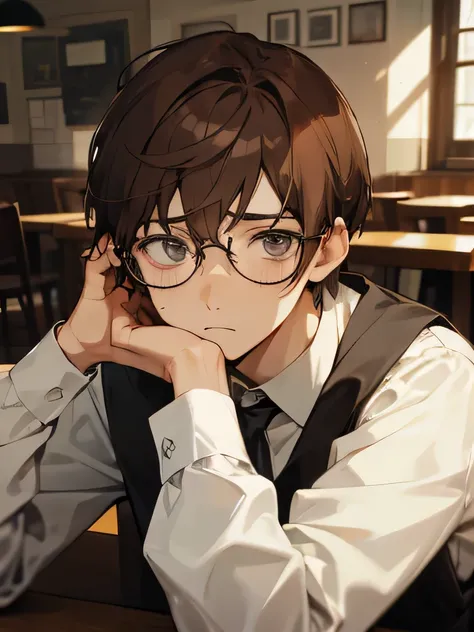 Cafe,Brown Hair,Glasses,Grey Eyes,male,Peering and worrying