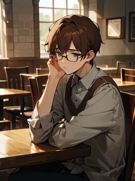 Cafe,Brown Hair,Glasses,Grey Eyes,male,worry