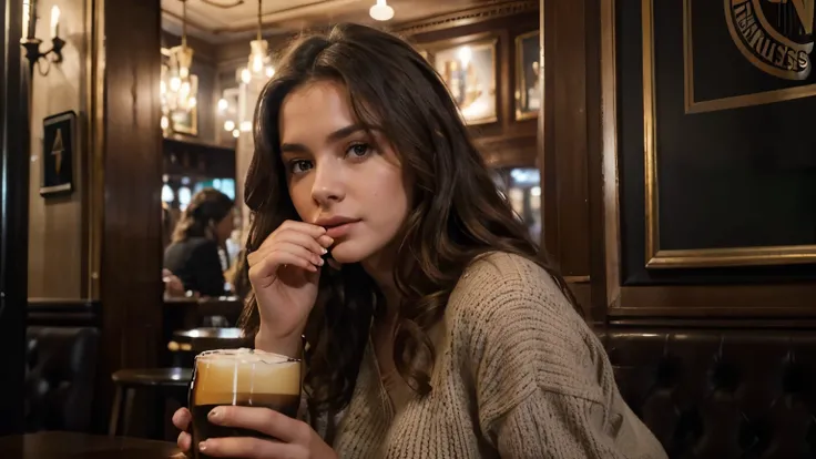 Dramatic lighting, la plus haute qualité, cinematic Film still, femme magnifique ultra chaude Belle brune portant un pull beige (in a caFé while drinking a pint oF Guinness ), very detailed, 23ans, visage innocent, wavy hair, Yeux verts, Flirts with the ca...