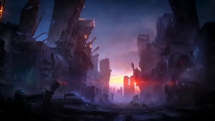 Cityscape with sunset in the background, Dystopian science fiction apocalypse, 世界The City of Doom, Destroyed cities, Apocalyptic future city, Landscape of the city of doomsday, Destroyed cities in the background, Dystopian digital concept art, Destroyed ur...