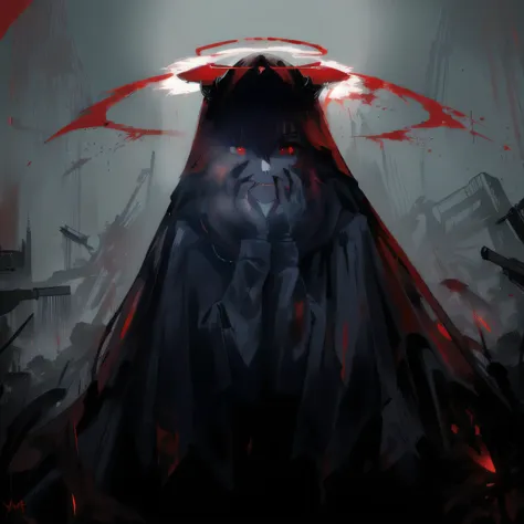 arafed image of a woman with a red cape and a halo, with red glowing eyes, with glowing red eyes, blood dripping from eyes, gapm...