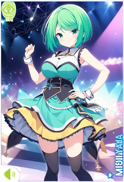 TOUYAMAMISUZU GREEN HAIR SHORT HAIR, GREEN EYES,, large breasts, live stage, solo,