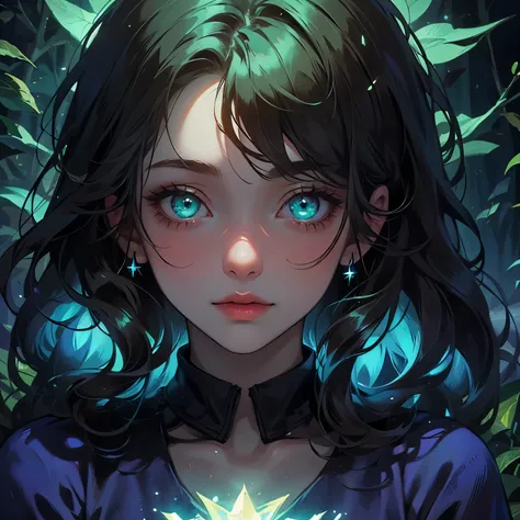 1girl, portrait, ((masterpiece)), artistic, glowing green, hair glowing, eyes glowing, straight volumed hair, detailed eyes, forest background, shiny, glowing star detailes on night blue dress
, its dark but she is beautifully glowing, aura