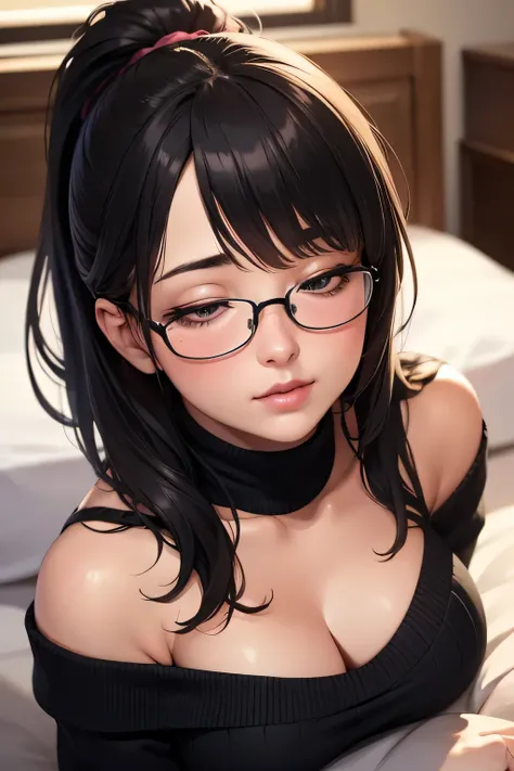 (best quality,4k,8k,highres,masterpiece:1.2),ultra-detailed,(realistic,photorealistic,photo-realistic:1.37),portraits,sexy,cute,beautiful face,intense gaze,smiling blush,black hair,ponytail,glasses,purple knitted off shoulder sweater,bare shoulders,black p...