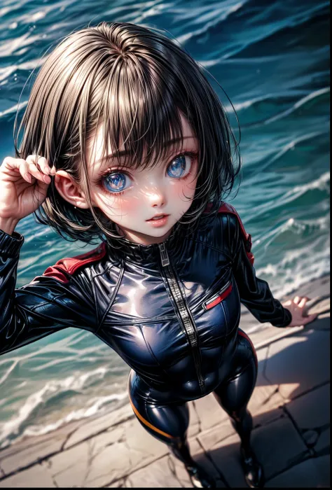 (masterpiece、highest quality、Highest Resolution、Clear_image、Detailed details、Angle from above): (Whole body、One 20 year old girl、Japanese Faces、Small Face、Slender、Navy blue super short bob cut hair、Sparkling blue eyes、Shiny pilot suit in blue and black col...