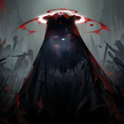 arafed image of a woman with a red cape and a halo, with red glowing eyes, with glowing red eyes, blood dripping from eyes, gapm...