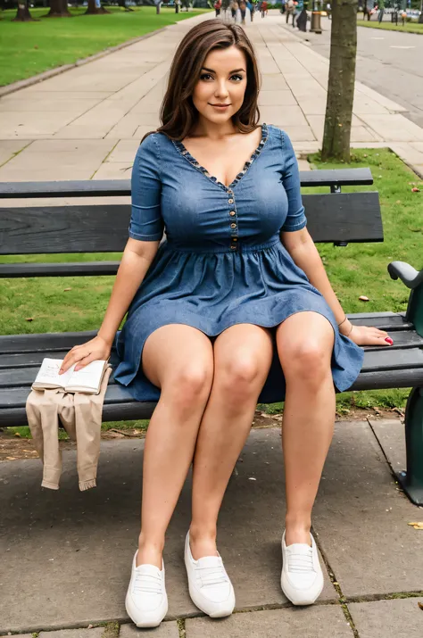 Three legged woman, age 22, curvy, brunette, Irish, sitting on a park bench, legs crossed, casual dress, comfortable shoes, trileg, three legs,