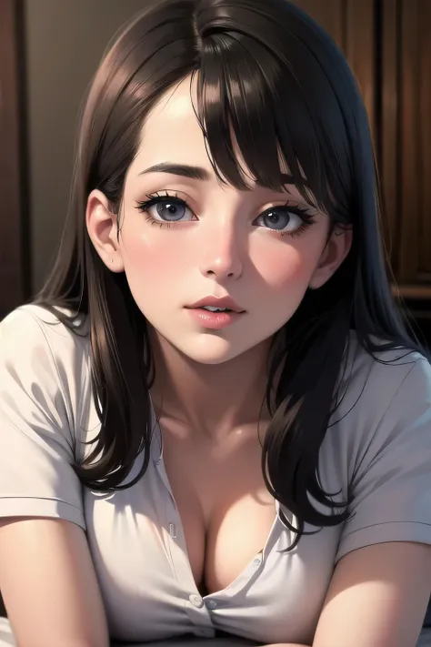 (best quality,highres:1.2),ultra-detailed,realistic:1.37,portrait,woman with beautiful face,detailed eyes and lips,seductive eyes,long straight hair,black brown hair color,blushing intensely,lips parted,ready to kiss,long oversized white shirt,lying on bed...