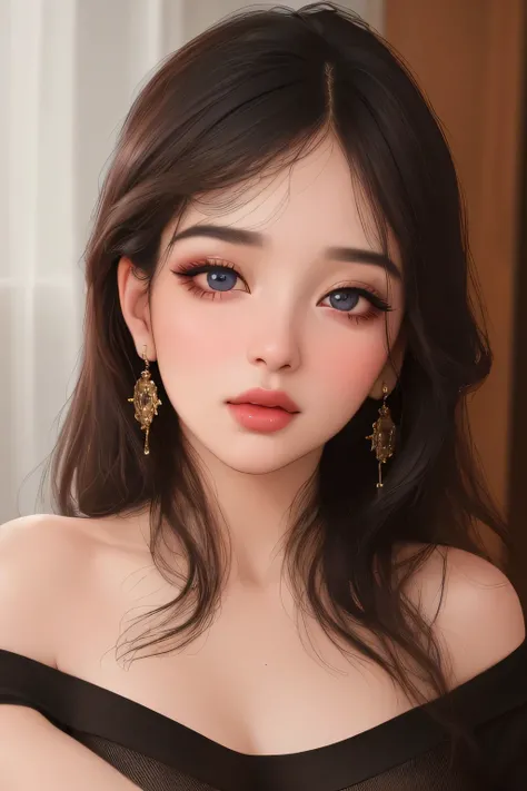 (best quality,4k,8k,highres,masterpiece:1.2),ultra-detailed,(realistic,photorealistic,photo-realistic:1.37),portraits,black hair,sexy woman, seductive eyes,intense gaze, parted mouth,deep blush,flustered,beautiful face,amazing makeup,off shoulder t shirt