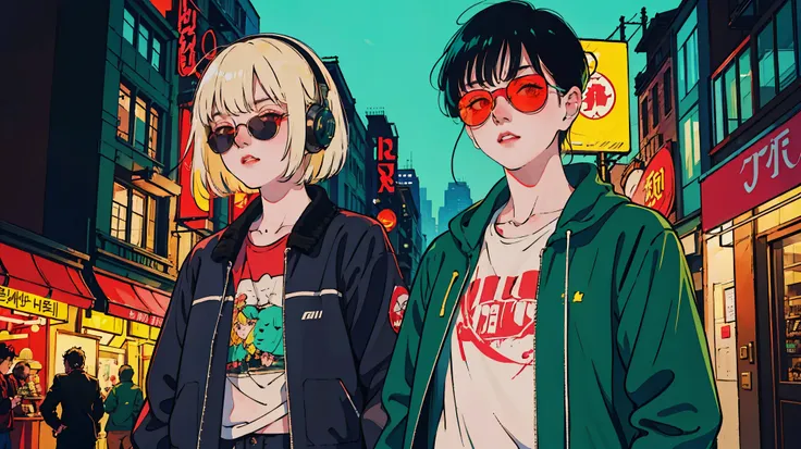 Beautiful Korean Women、Ash Blonde Hair, headphone, He is wearing a leather jacket and red sunglasses., The city behind her, In the style of neon realism, Charming character, action, Gadget Punk, solapunk, Colorful street scene, Crimson and amber, Neon Blac...