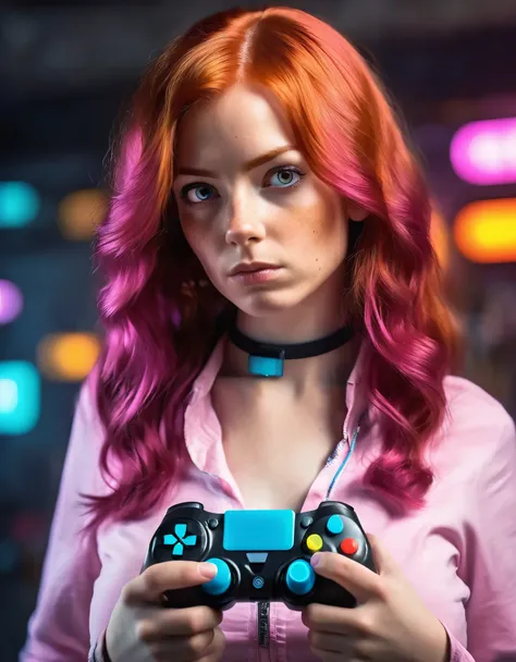 "(best quality, highres), detailed portrait of a woman with vibrant red hair and ample bosom, holding a pink video game controller, intense lighting, vivid colors, fine facial features, long flowing hair, stylish clothing, confident expression, realistic t...