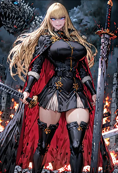 female, solo, sfw, extremely tall, giantess, tall female, muscular:1.4, blonde, long hair, straight hair, blue eyes, evil smile, huge breasts, black uniform, military uniform, fur, cape, segmented skirt, thigh boots, huge sword, bastard sword, night, battl...