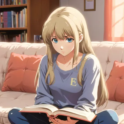  Ellie - sentada no sofa lendo livro, estilo anime 3d, 90s anime aesthetic, an retro anime image, Estilo anime dos anos 90, Estilo de anime dos anos 90