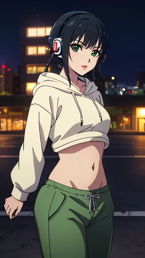(masterpiece, best quality, 8k:1.2),Anime coloring,
1 girl, Kyoukai, black hair, braids, ponytail, green eyes, eyelashes, medium breasts, (hip hop dancer style,headphones,pants,hooded sweatshirt,colorful shirt,navel,natural lips,city,night), dynamic angle,...