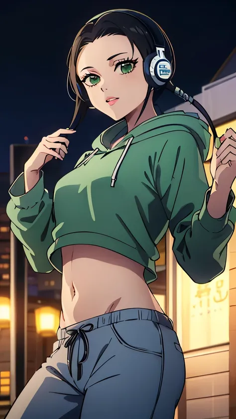 (masterpiece, best quality, 8k:1.2),
1 girl, Kyoukai, black hair, braids, ponytail, green eyes, eyelashes, medium breasts, (hip hop dancer style,headphones,pants,hooded sweatshirt,colorful shirt,navel,natural lips,city,night), dynamic angle,alone, looking ...