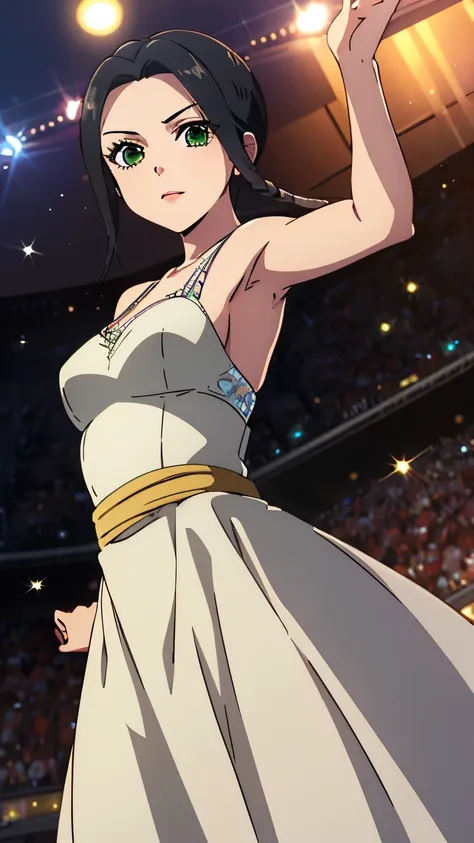 (masterpiece, best quality, 8k:1.2),
1 girl, Kyoukai, black hair, braids, ponytail, green eyes, eyelashes, medium breasts, (Dress, Sparkly Dress, Venue), dynamic angle,alone, looking at the viewer, cowboy shot
