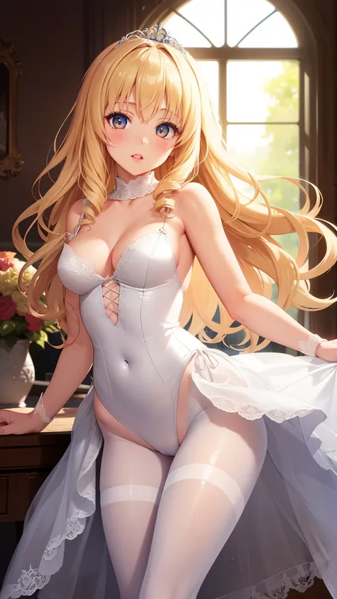 masterpiece, best quality, 1girl, very curly hair, blonde hair, shiny hair, tiara, diadem, medium breasts, glossy lips, good lig...