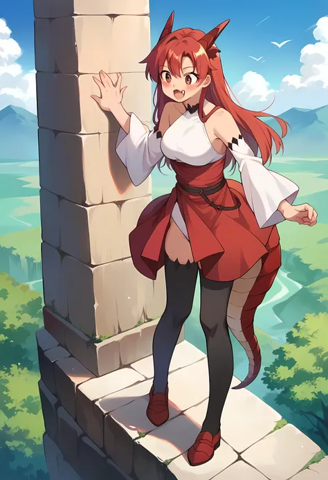 score_9, score_8_up, score_7_up, source_anime, masterpiece, 1girl, tania, red hair, red eyes, dragon tail, outdoors, from top, white leotard, red skirt, black thighhighs, detached sleeves, skin fang, blush, happy, standing on a cliff