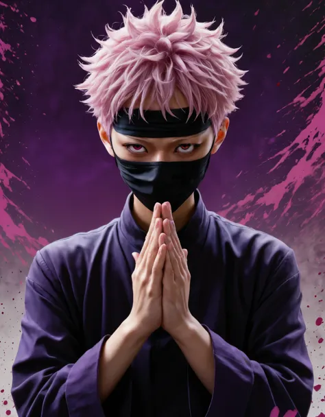 in the image, there is a character from the anime jujutsu kaisen with their hands in a praying position in front of their face. ...