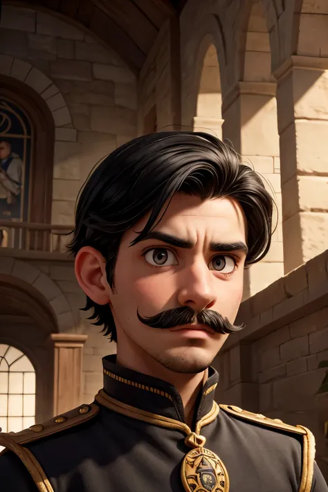 Sir Valens is a young white man with straight black hair and a well-groomed black mustache.. His black eyes with pupils just a little larger than normal, giving him a serious expression., but also inquisitive when exploring her kingdom.