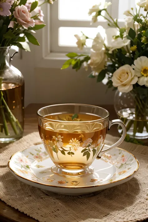 Floral Teacup: Visualize a delicate glass teacup with an embossed floral pattern, filled with a warm herbal tea. The cup is set on a saucer with a teaspoon and surrounded by fresh flowers, creating a serene, tea-time atmosphere.

