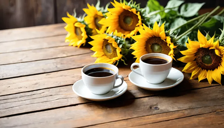 Minimalist style.A bunch of whole mini sunflowers lying flat on a wooden tabletop, Bokeh background、a cup of coffee.Create a fresh、Bright、Relaxing and comfortable atmosphere，Evoking a sense of tranquility and simplicity。A peaceful aura or meditative state ...