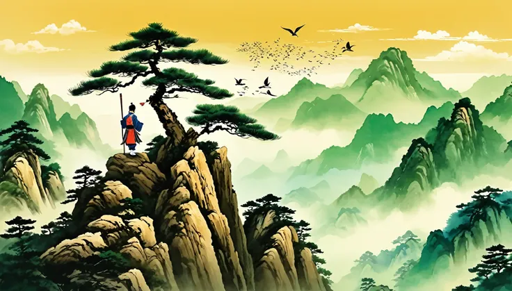 Super detailed，Chinese ink painting style，Chinese landscapes，Huangshan，A cute Chinese boy，Dressed in ancient Chinese costume，Sword dance on the mountain top。The welcoming pine tree stands tall，Birds circling in the sky