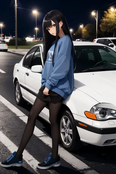 girl, blue sweatshirt, pantyhose, on the side of a white car, black shoes, long hair, black hair, night, light poles