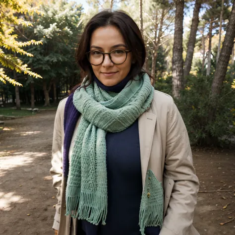 obra maestra, mejor calidad, una anciana con gafas y una bufanda, vistiendo un abrigo morado y una bufanda verde, parado en el parque