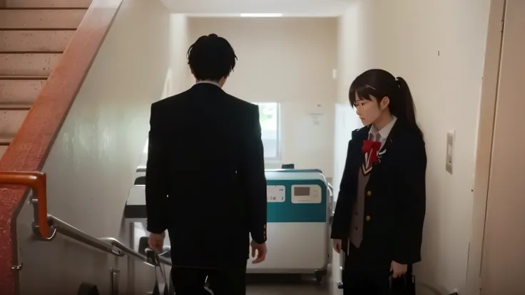 there are two people standing in a hallway with luggage, scene from live action movie, still from a live action movie, jk uniform, still from a movie, screenshot from a movie, scene from a movie, japanese live-action movie, highlight scene of the movie, st...