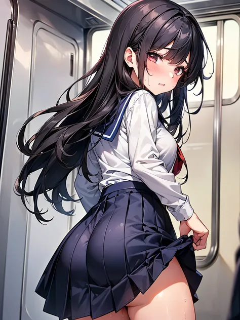 (((NSFW:1.3))), (((Highest quality, Highest Resolution, masterpiece, movie))), (((On the school train:1.3. Train Doors:1.3))), (((being molested:1.6. The Perfect Body:1.3 1 Female High School Student:1.3. Focus on the buttocks: Composition from below:1.3 B...