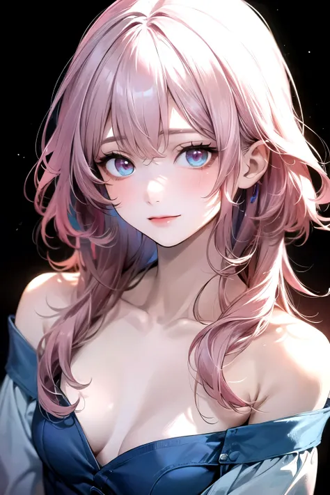 ((best quality)), ((masterpiece)), (detailed), perfect face. Asian girl. Pink hair. Blue eyes. Topless. Small breast.