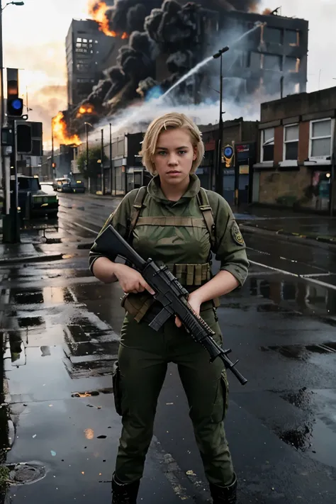 a full body image of a 15 year old Irish Republican Army female soldier, short blonde hair, blue eyes, carrying an M16 riffle, standing on a street corner in Belfast Ireland in 1972, burning buildings in background, ultra realistic, raining, huge breasts
