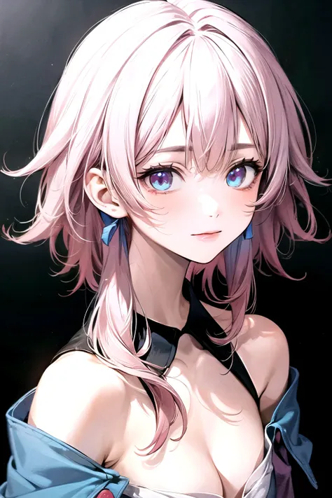 ((best quality)), ((masterpiece)), (detailed), perfect face. Asian girl. Pink hair. Blue eyes. Topless. Small breast. Bottomless.