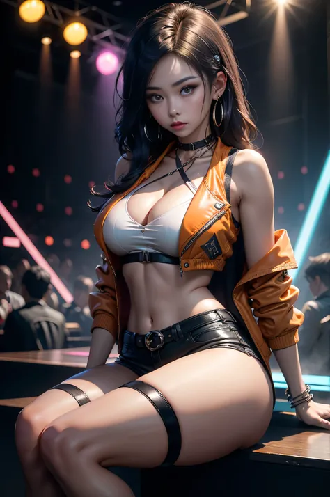 sfw, 8K, ultra hd, masterpiece, hd colors, 1 girl, perfect face, very long curly hair, detailed eyes, rockstar outfit, ((orange jacket)), ((thin vest)), short mini skirt, belt:1.5, stocking, ((criss-cross strips)), ((neon chain)), stars, bare shoulder, bar...