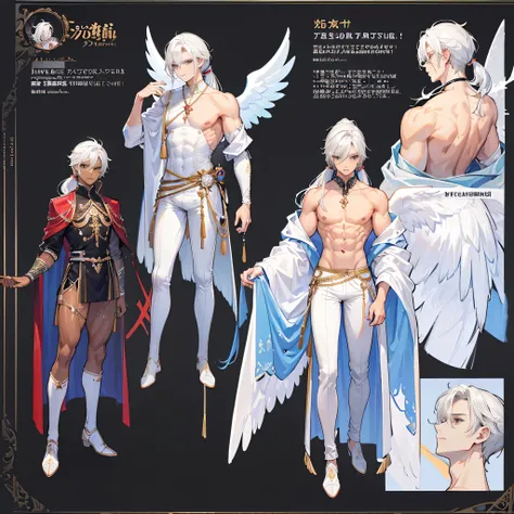 ((Masterpiece, Highest quality)), Male, boy, Detailed face, character design sheet，full bodyesbian, Full of details, frontal body view, back body view, Highly detailed, character sheet, reference sheet, character design, Many parts, dark skin, angel wings,...