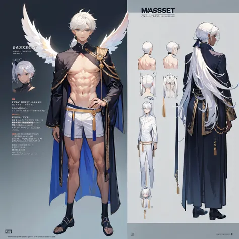 ((Masterpiece, Highest quality)), Male, boy, Detailed face, character design sheet，full bodyesbian, Full of details, frontal body view, back body view, Highly detailed, character sheet, reference sheet, character design, Many parts, dark skin, angel wings,...