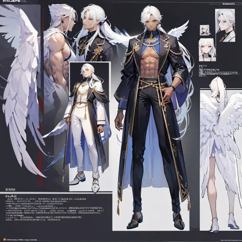 ((Masterpiece, Highest quality)), Male, boy, Detailed face, character design sheet，full bodyesbian, Full of details, frontal body view, back body view, Highly detailed, character sheet, reference sheet, character design, Many parts, dark skin, angel wings,...