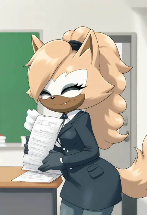 Female wolf, Whisper the Wolf, closed eyes, hair down, long curly hair, body, medium breasts, eyelashes, cute smile, school house, dressed as a teacher, classroom, daytime, mobian, mobius city