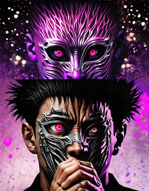 Kentaro Miura anime,Jujutsu Kaisen,characters with their hands in a praying position in front of their face,[praying hands] wearing a mask,[mask] pink eyes,[pink eyes] purple and black splatter background,[purple and black splatter] vivid colors,realistic,...