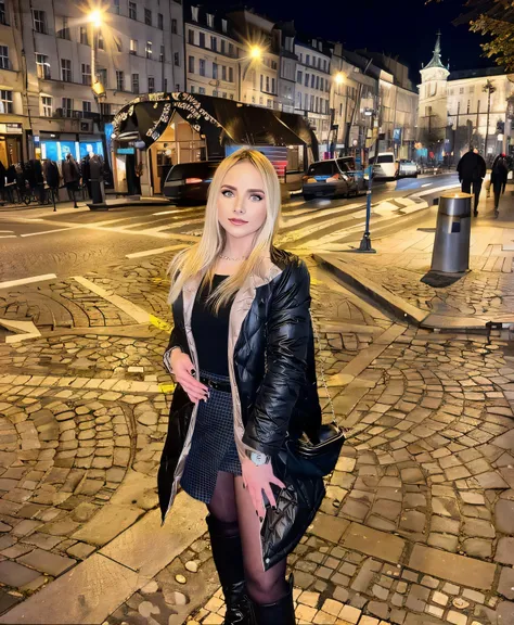 femme blonde en veste de cuir noir et collants debout dans une rue pavée, debout dans un centre ville, sur une place de la ville, Alexandre Waliszewska, Dans la ville, style de Julia Razumova, Elena Belova, au milieu de la ville, Anna Nikonova alias Newmil...